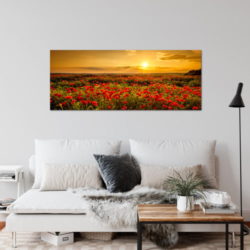 Runa Art Wandbild Mohnblumen 100 x 40 cm Modern Bild auf Vlies Leinwand Blumenwiese Sonnenutergang Wohnzimmer Schlafzimmer Rot 043912a