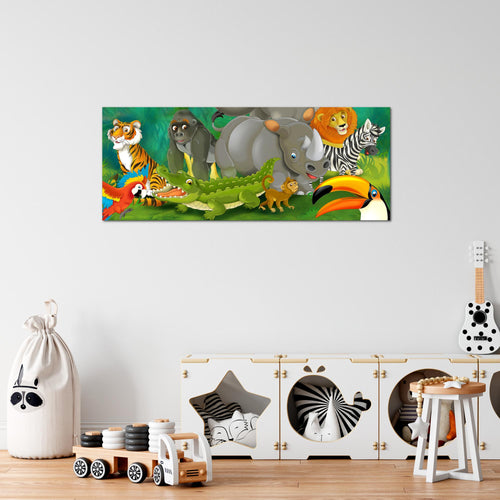 Runa Art Wandbild Tiere Dschungel 1 Teilig 100 x 40 cm Modern Bild auf Vlies Leinwand Kinderzimmer Spielzimmer Baby Bunt 001812a