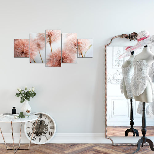 Runa Art Wandbilder Blumen Pusteblumen 5 Teilig Bild auf Vlies Leinwand Deko Wohnzimmer Natur Grau Rosa 042052a