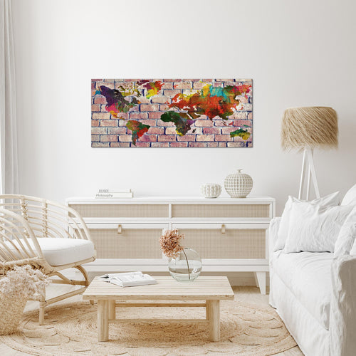 Runa Art Wandbild Weltkarte 1 Teilig 100 x 40 cm Modern Bild auf Vlies Leinwand Ziegelwand Büro Wohnzimmer Rot Bunt 106912c