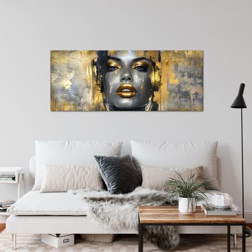 Runa Art Wandbild Abstrakt 100 x 40 cm Modern Bild auf Vlies Leinwand Gold Wohnzimmer Schlafzimmer Büro Gesicht 052812a