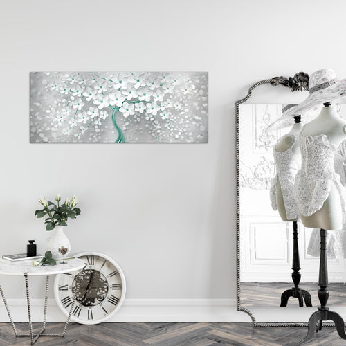Runa Art Wandbild Blumen 1 Teilig 100 x 40 cm Modern Bild auf Vlies Leinwand Abstrakt Baum Wohnzimmer Weiss Türkis 039712b