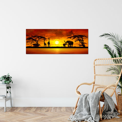 Runa Art Wandbild Afrika 100 x 40 cm Modern Bild auf Vlies Leinwand Orange Wohnzimmer Schlafzimmer Büro Sonnenuntergang 000212a