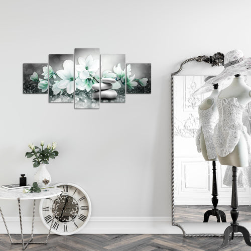 Runa Art Wandbilder Blumen Magnolien 5 Teilig Bild auf Vlies Leinwand Deko Wohnzimmer Abstrakt Grau Türkis 035452b