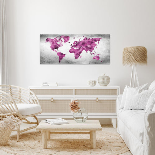 Runa Art Wandbild Weltkarte 1 Teilig 100 x 40 cm Modern Bild auf Vlies Leinwand Vintage Büro Wohnzimmer Rosa Grau 013312c