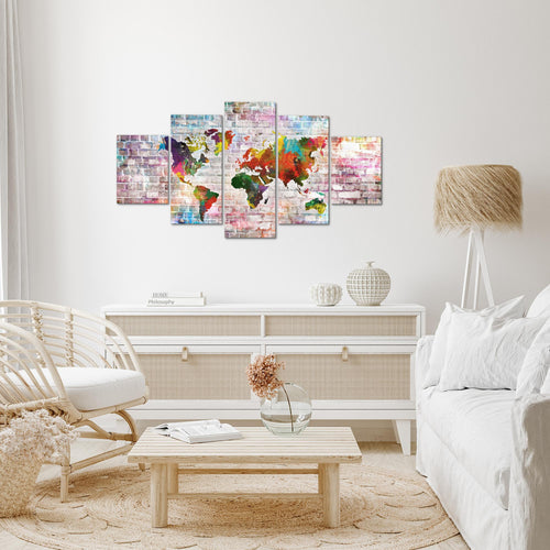 Runa Art Wandbilder Weltkarte 3D Effekt 5 Teilig Bild auf Vlies Leinwand Deko Büro Wohnzimmer Ziegel Farbenfroh Bunt 106952a