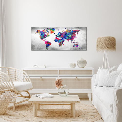 Runa Art Wandbild Weltkarte 1 Teilig 100 x 40 cm Modern Bild auf Vlies Leinwand Vintage Kontinente Büro Wohnzimmer Bunt 013312b