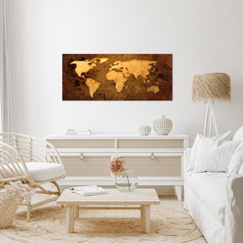 Runa Art Wandbild Weltkarte 1 Teilig 100 x 40 cm Modern Bild auf Vlies Leinwand Vintage Antik Büro Wohnzimmer Gold 101712a