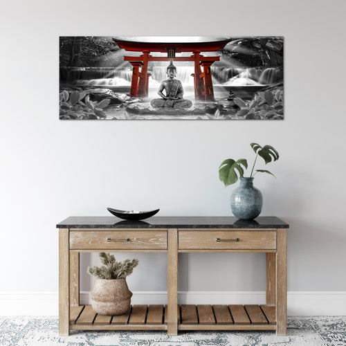 Runa Art Wandbild Feng Shui Buddha 1 Teilig 100 x 40 cm Modern Bild auf Vlies Leinwand Zen Wohnzimmer Schlafzimmer Rot Grau 036412c