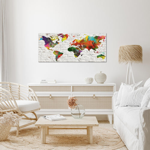 Runa Art Wandbild Weltkarte 1 Teilig 100 x 40 cm Modern Bild auf Vlies Leinwand Steinwand Büro Wohnzimmer Grau Bunt 106912b