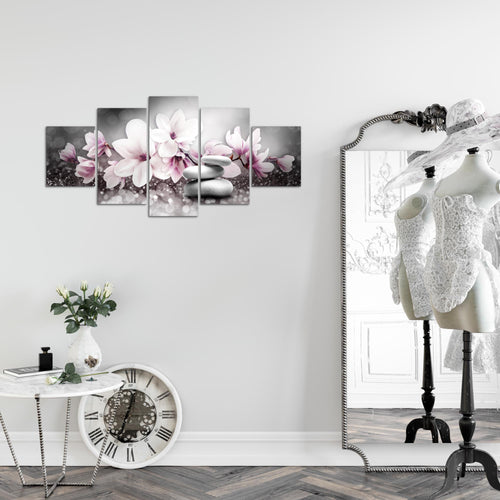 Runa Art Wandbilder Blumen Magnolien 5 Teilig Bild auf Vlies Leinwand Deko Wohnzimmer Abstrakt Grau Rosa 035452a
