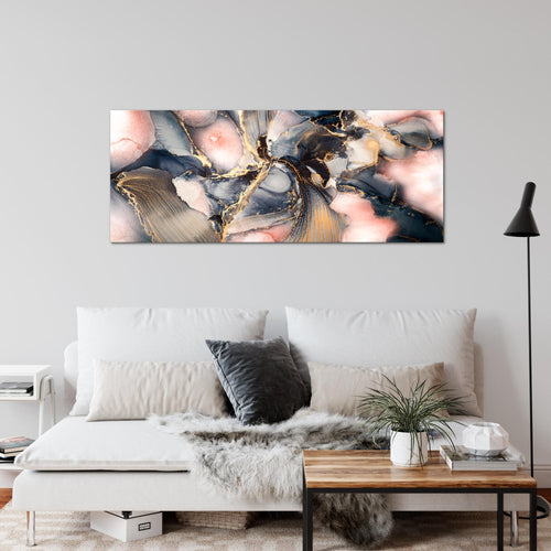 Runa Art Wandbild Abstrakt 100 x 40 cm Modern Bild auf Vlies Leinwand Pastel Wohnzimmer Schlafzimmer blau rosa Gold 043812a