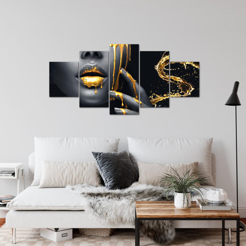 Runa Art Wandbilder Lippen Gold Schwarz 5 Teilig Bild auf Vlies Leinwand Deko Wohnzimmer Schlafzimmer Kosmetik Fashion Frau 041552a