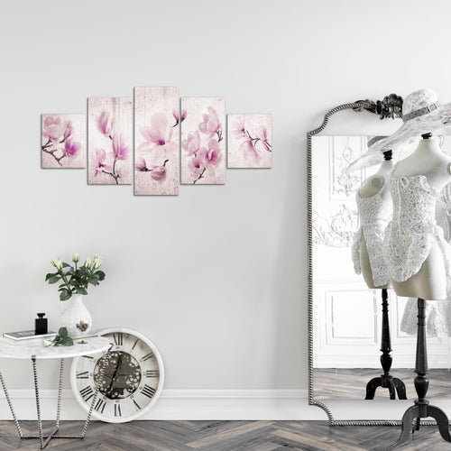 Runa Art Wandbilder Blumen Magnolien 5 Teilig Bild auf Vlies Leinwand Deko Wohnzimmer Abstrakt Grau Rosa 007752b