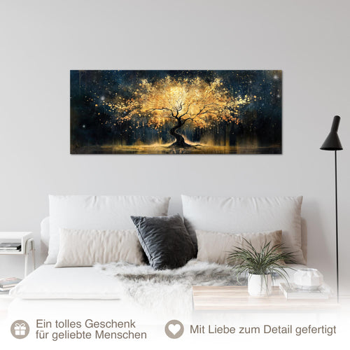 Runa Art Wandbild Abstrakt 100 x 40 cm Modern Bild auf Vlies Leinwand Gold Wohnzimmer Schlafzimmer Büro Baum 056912a