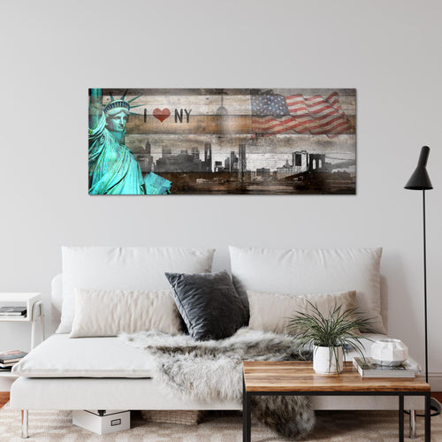 Runa Art Wandbild New York City 1 Teilig 100 x 40 cm Modern Bild auf Vlies Leinwand Freiheitsstatue Wohnzimmer Büro Türkis Braun 034212c