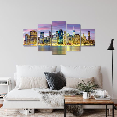 Runa Art Wandbilder New York City 5 Teilig Bild auf Vlies Leinwand Deko Wohnzimmer Büro Amerika NY Lila Bunt 010052c