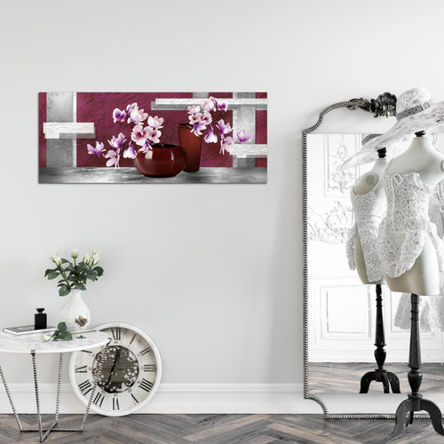 Runa Art Wandbild Blumen Abstrakt 1 Teilig 100 x 40 cm Modern Bild auf Vlies Leinwand Blumenvase Wohnzimmer Grau Rot 035212a