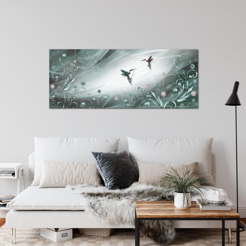 Runa Art Wandbild Vintage Vogel 1 Teilig 100 x 40 cm Modern Bild auf Vlies Leinwand Abstrakt Wohnzimmer Schlafzimmer Türkis Grau 038312b