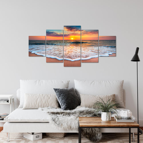 Runa Art Wandbilder Strand Meer 5 Teilig Bild auf Vlies Leinwand Deko Wohnzimmer Schlafzimmer Sonnenuntergang Orange 044552a