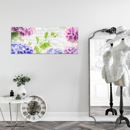 Runa Art Wandbild Blumen Hortensien 1 Teilig 100 x 40 cm Modern Bild auf Vlies Leinwand Ziegel Wohnzimmer Bunt 017512a