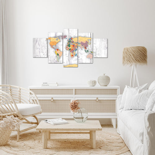 Runa Art Wandbilder Weltkarte Holz 5 Teilig Bild auf Vlies Leinwand Deko Büro Wohnzimmer Kontinente Weiss 108752c