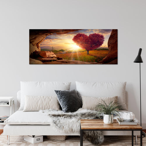 Runa Art Wandbild Natur Gebirge 1 Teilig 100 x 40 cm Modern Bild auf Vlies Leinwand Baum Herz Wohnzimmer Schlafzimmer Beige Rosa 607612c