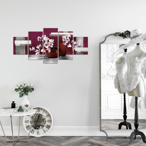 Runa Art Wandbilder Blumen Abstrakt 5 Teilig Bild auf Vlies Leinwand Deko Wohnzimmer Blumenvase Grau Rot 035252a