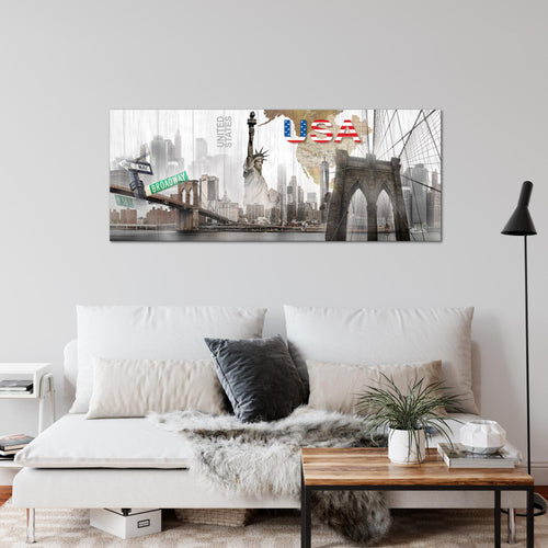 Runa Art Wandbild New York 1 Teilig 100 x 40 cm Modern Bild auf Vlies Leinwand USA Freiheitsstatue Wohnzimmer Büro Bunt 034712a