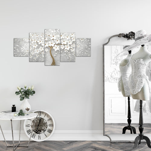 Runa Art Wandbilder Blumen 5 Teilig Bild auf Vlies Leinwand Deko Wohnzimmer Abstrakt Baum Weiss Gold 039752a