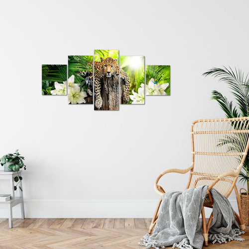 Runa Art Wandbilder Afrika Leopard 5 Teilig Bild auf Vlies Leinwand Deko Wohnzimmer Schlafzimmer Natur Savanne Grün 006752a