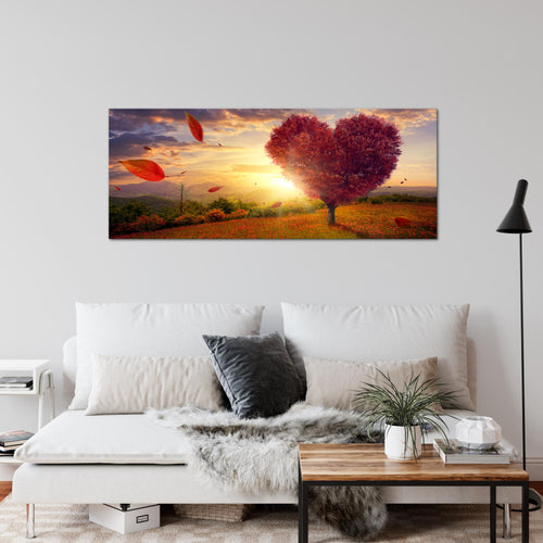Runa Art Wandbild Herbst Baum Herz 1 Teilig 100 x 40 cm Modern Bild auf Vlies Leinwand Natur Wohnzimmer Schlafzimmer Rot Blau 605812a