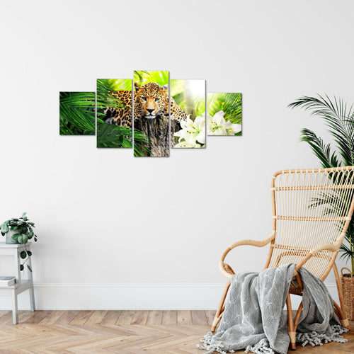 Runa Art Wandbilder Afrika Leopard 5 Teilig Bild auf Vlies Leinwand Deko Wohnzimmer Schlafzimmer Raubkatze Dschungel Grün 006752b