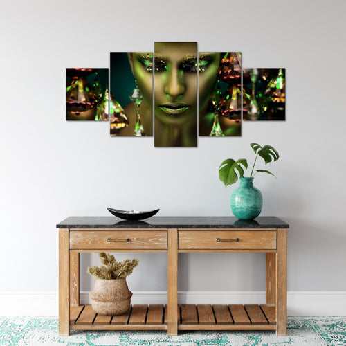 Runa Art Wandbilder Frau Gesicht Lippen 5 Teilig Bild auf Vlies Leinwand Deko Wohnzimmer Schlafzimmer Kosmetik Fashion Grün Gold 042152b