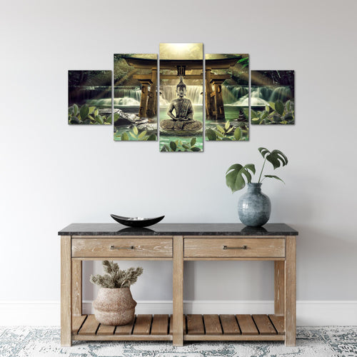 Runa Art Wandbilder Feng Shui Buddha 5 Teilig Bild auf Vlies Leinwand Deko Wohnzimmer Schlafzimmer Spa Grün Braun 036452a