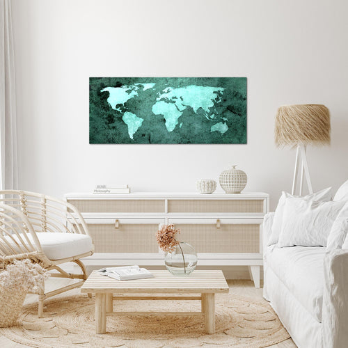 Runa Art Wandbild Weltkarte 1 Teilig 100 x 40 cm Modern Bild auf Vlies Leinwand Vintage Antik Büro Wohnzimmer Türkis 101712b