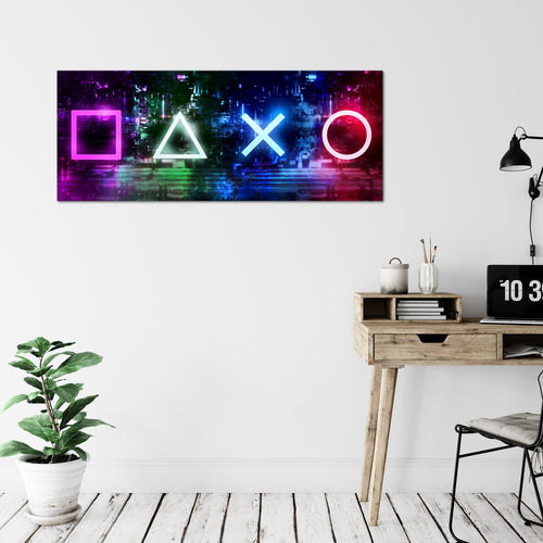 Runa Art Wandbild Gamer 100 x 40 cm Modern Bild auf Vlies Leinwand Lila Kinderzimmer Formen 038812a