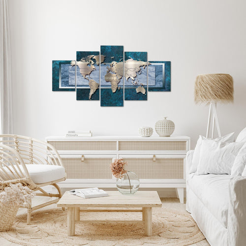 Runa Art Wandbilder Weltkarte 5 Teilig Bild auf Vlies Leinwand Deko Büro Wohnzimmer Kontinente Metall Blau 106752c