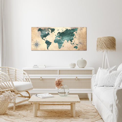 Runa Art Wandbild Weltkarte 1 Teilig 100 x 40 cm Modern Bild auf Vlies Leinwand Antik Büro Wohnzimmer Grün braun 026012a