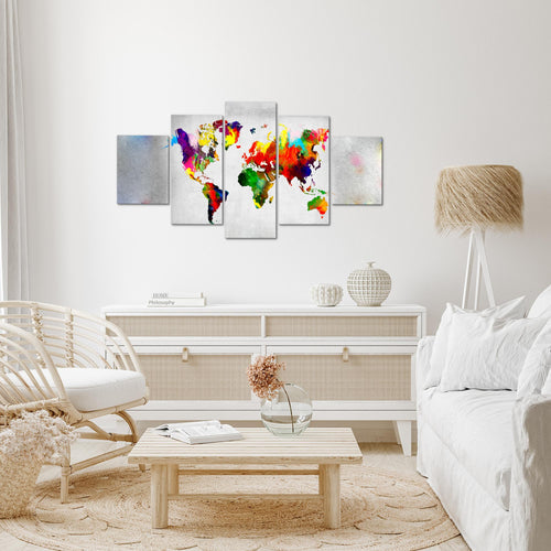 Runa Art Wandbilder Weltkarte 5 Teilig Bild auf Vlies Leinwand Deko Büro Wohnzimmer Kontinente Beton Bunt 108852a
