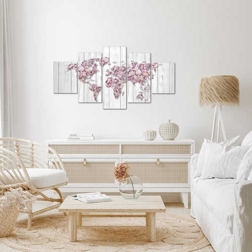 Runa Art Wandbilder Weltkarte Blumen 5 Teilig Bild auf Vlies Leinwand Deko Wohnzimmer Holz Rosa Grau 023252b