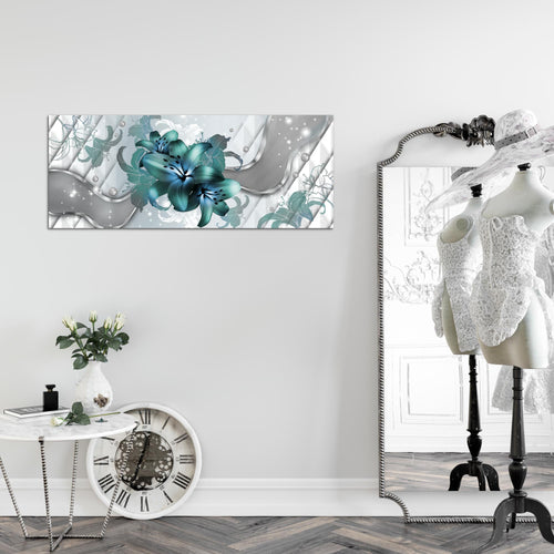 Runa Art Wandbild Blumen Lilien 1 Teilig 100 x 40 cm Modern Bild auf Vlies Leinwand Abstrakt Wohnzimmer Grau Türkis 016512a