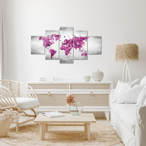 Runa Art Wandbilder Weltkarte 5 Teilig Bild auf Vlies Leinwand Deko Büro Wohnzimmer Vintage Rosa Grau 013352c