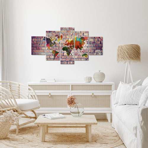 Runa Art Wandbilder Weltkarte 3D Effekt 5 Teilig Bild auf Vlies Leinwand Deko Büro Wohnzimmer Ziegel Bunt Braun 106952c