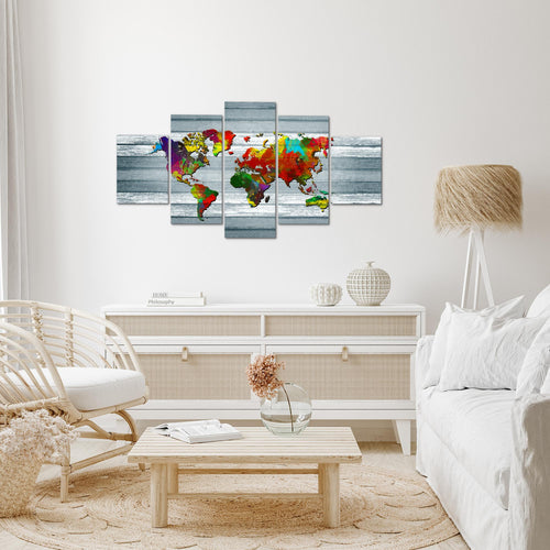 Runa Art Wandbilder Weltkarte 5 Teilig Bild auf Vlies Leinwand Deko Büro Wohnzimmer Kontinente Holz Bunt 105452c