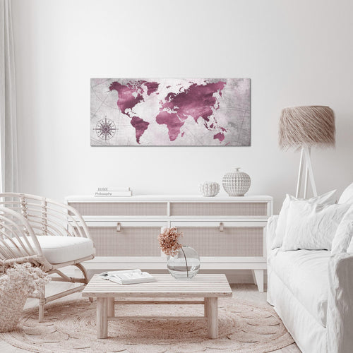 Runa Art Wandbild Weltkarte 1 Teilig 100 x 40 cm Modern Bild auf Vlies Leinwand Vintage Antik Büro Wohnzimmer Pink 026012b