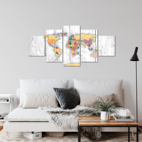 Runa Art Wandbilder Weltkarte Holz 5 Teilig Bild auf Vlies Leinwand Deko Büro Wohnzimmer Kontinente Weiss 108752c