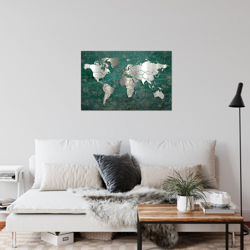 Runa Art Bild Weltkarte Modern Wandbilder Wohnzimmer Büro 1 Teilig - Made In Germany - Vintage Grün Silber Flur 109015c