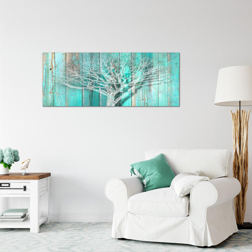 Runa Art Wandbild Baum Abstrakt 1 Teilig 100 x 40 cm Modern Bild auf Vlies Leinwand Holzmotiv Wohnzimmer Türkis Grau 039912c