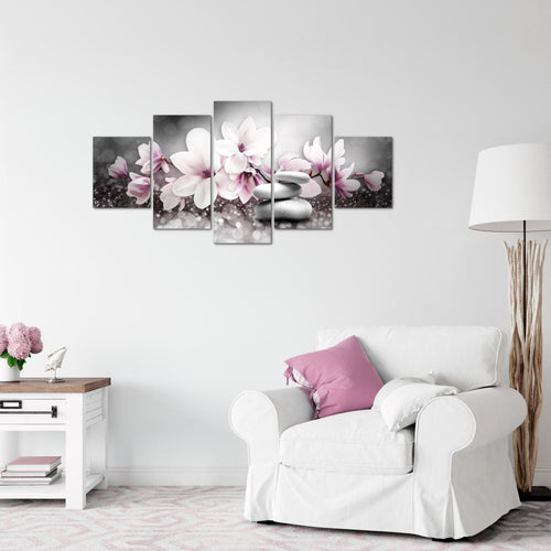 Runa Art Wandbilder Blumen Magnolien 5 Teilig Bild auf Vlies Leinwand Deko Wohnzimmer Abstrakt Grau Rosa 035452a